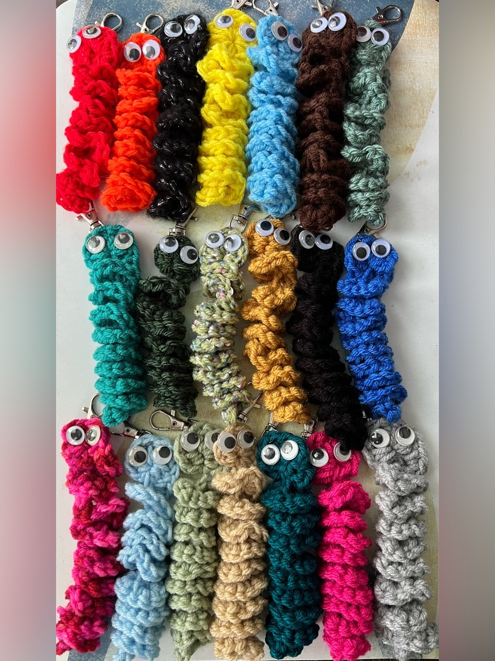 Handmade Crochet Spiral Worry Worms Googly Eyes Assorted Colors Keychain 10 PCS